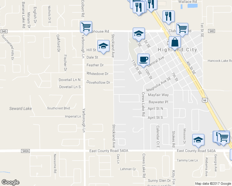 map of restaurants, bars, coffee shops, grocery stores, and more near 3904 Talon Crest Drive in Lakeland
