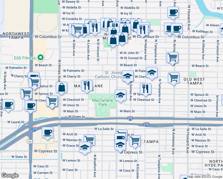 map of restaurants, bars, coffee shops, grocery stores, and more near 2103 North Jamaica Street in Tampa