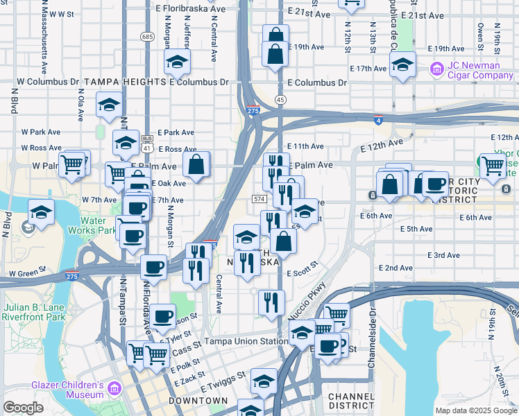 map of restaurants, bars, coffee shops, grocery stores, and more near 1707 North Mitchell Avenue in Tampa