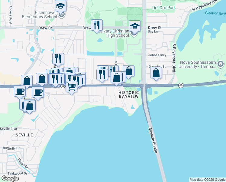 map of restaurants, bars, coffee shops, grocery stores, and more near 510 South Bayview Avenue in Clearwater