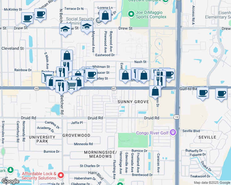 map of restaurants, bars, coffee shops, grocery stores, and more near 2395 Gulf to Bay Boulevard in Clearwater