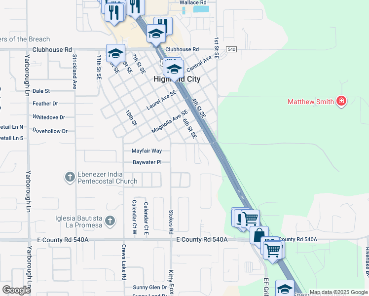 map of restaurants, bars, coffee shops, grocery stores, and more near 5803 Charlton Drive in Lakeland