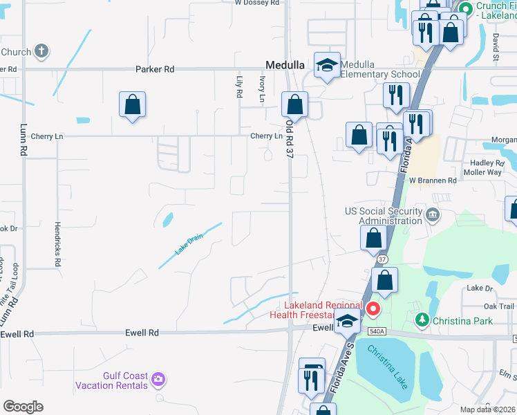 map of restaurants, bars, coffee shops, grocery stores, and more near 1033 Old South Drive in Lakeland