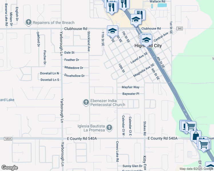 map of restaurants, bars, coffee shops, grocery stores, and more near 3944 Talon Crest Drive in Lakeland