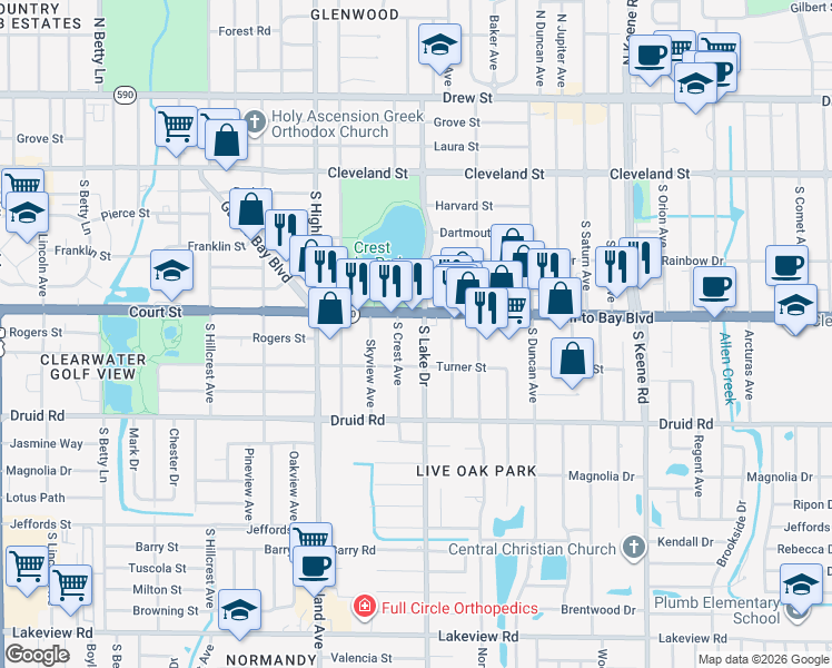map of restaurants, bars, coffee shops, grocery stores, and more near 512 South Lake Drive in Clearwater