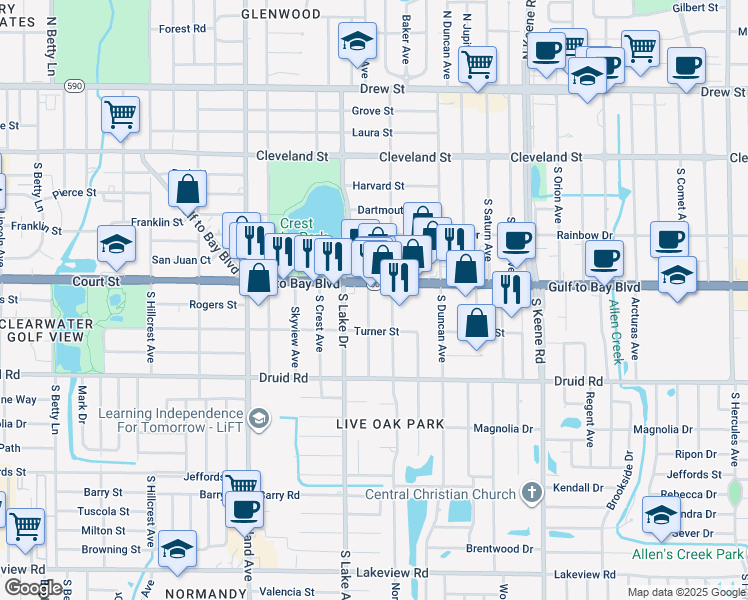 map of restaurants, bars, coffee shops, grocery stores, and more near 515 Yelvington Avenue in Clearwater