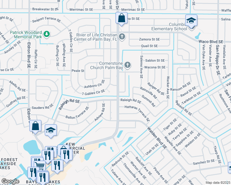 map of restaurants, bars, coffee shops, grocery stores, and more near 2900 Emerson Drive Southeast in Palm Bay