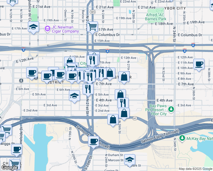 map of restaurants, bars, coffee shops, grocery stores, and more near 2323 East 7th Avenue in Tampa