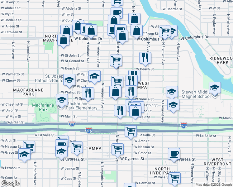 map of restaurants, bars, coffee shops, grocery stores, and more near 2612 North Armenia Avenue in Tampa