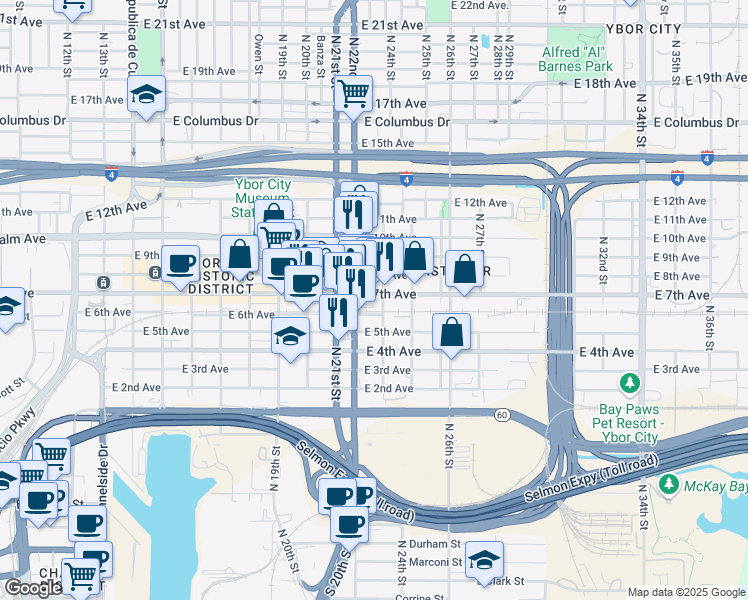 map of restaurants, bars, coffee shops, grocery stores, and more near 2215 East 7th Avenue in Tampa