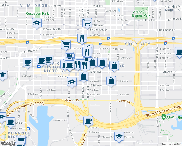 map of restaurants, bars, coffee shops, grocery stores, and more near 2211 East 7th Avenue in Tampa