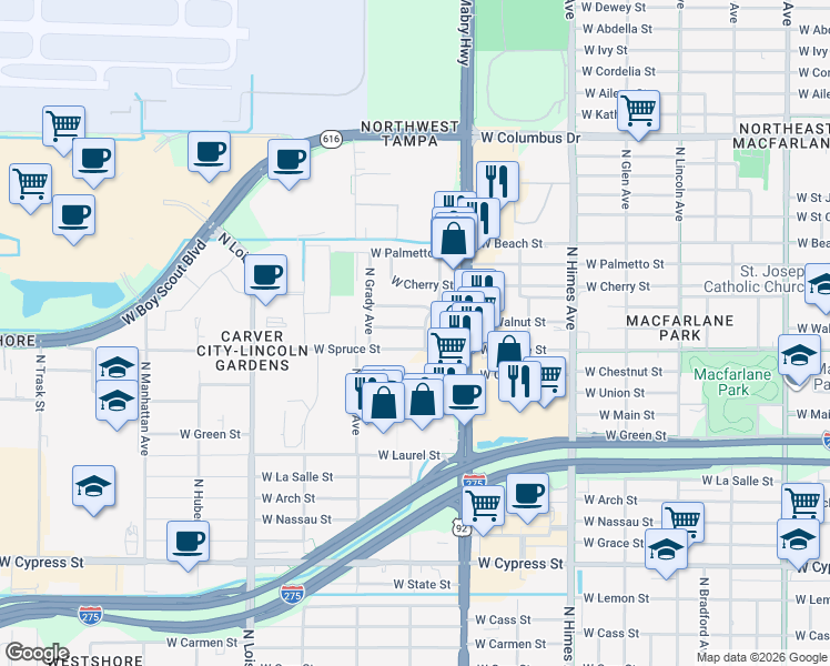 map of restaurants, bars, coffee shops, grocery stores, and more near 3904 West Walnut Street in Tampa