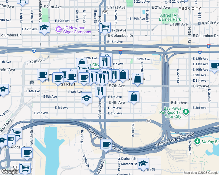 map of restaurants, bars, coffee shops, grocery stores, and more near 2215 East 7th Avenue in Tampa