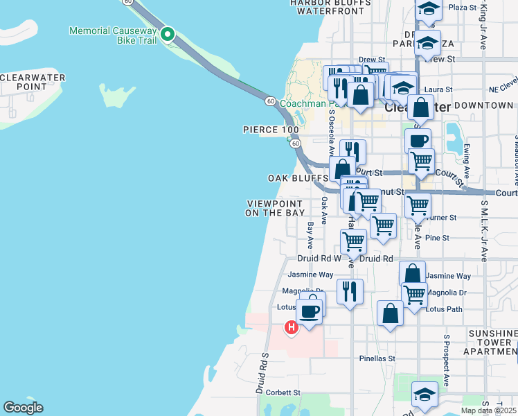 map of restaurants, bars, coffee shops, grocery stores, and more near 55 Rogers Street in Clearwater