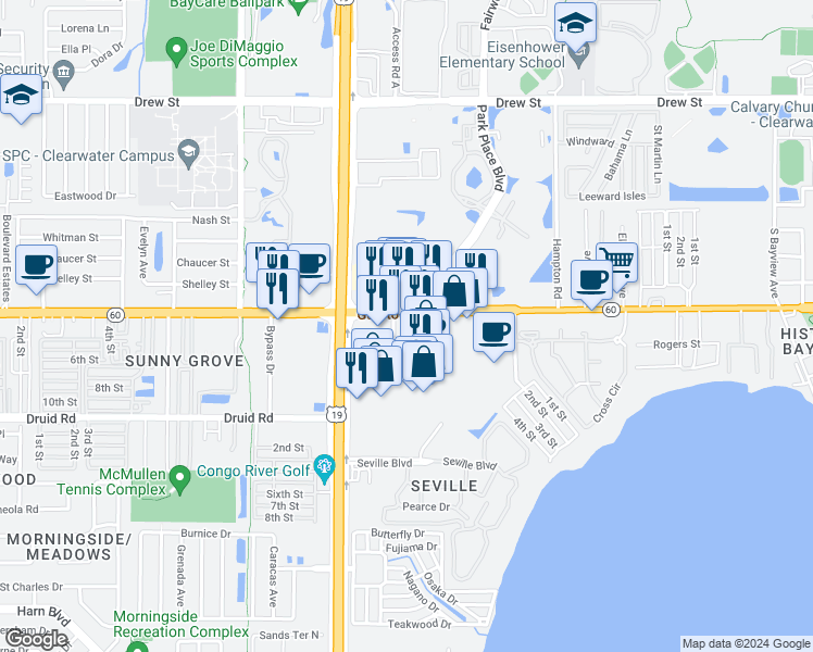 map of restaurants, bars, coffee shops, grocery stores, and more near 2689 Gulf to Bay Boulevard in Clearwater