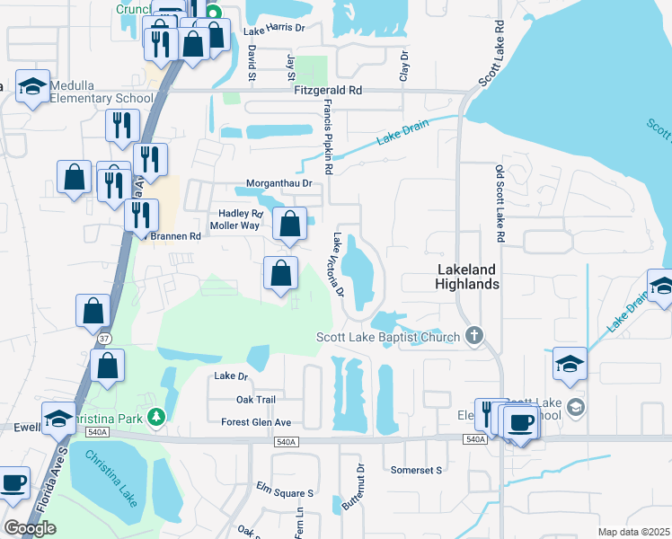 map of restaurants, bars, coffee shops, grocery stores, and more near 5939 Lake Victoria Drive in Lakeland