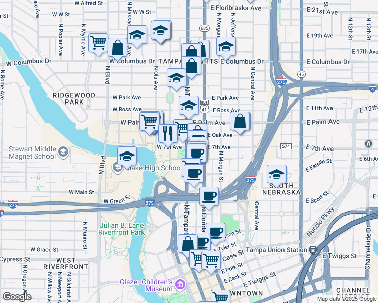 map of restaurants, bars, coffee shops, grocery stores, and more near 1809 North Tampa Street in Tampa