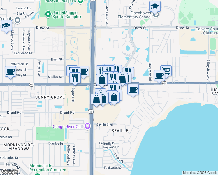 map of restaurants, bars, coffee shops, grocery stores, and more near 2689 Gulf to Bay Boulevard in Clearwater