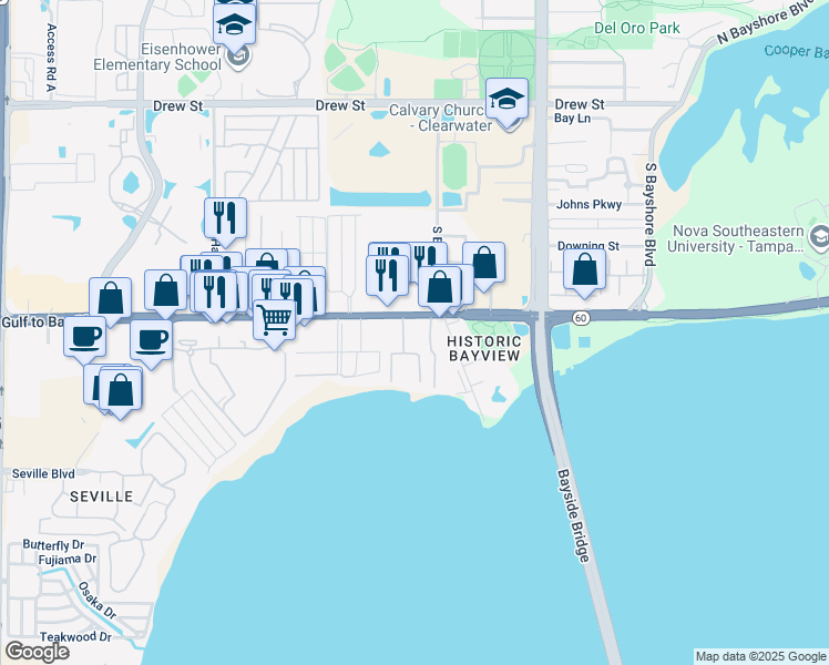 map of restaurants, bars, coffee shops, grocery stores, and more near 110 Breakers on the Bay Road in Clearwater