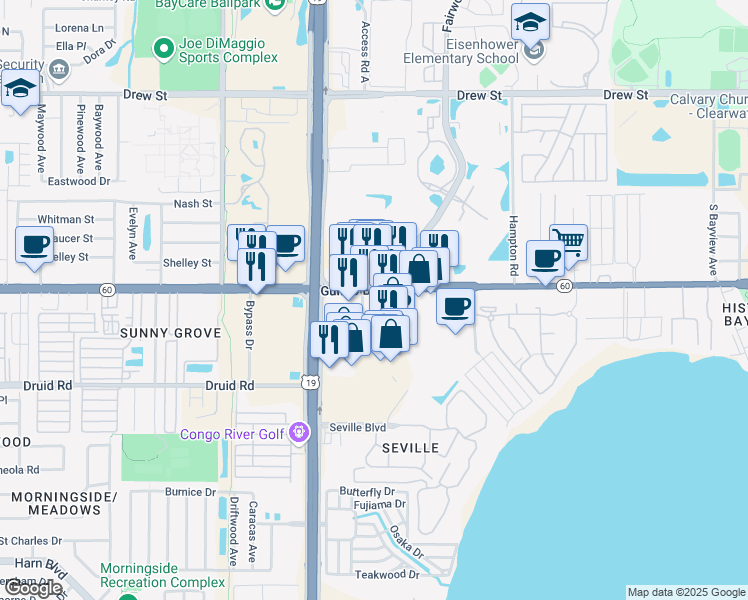 map of restaurants, bars, coffee shops, grocery stores, and more near 2613 Gulf to Bay Boulevard in Clearwater