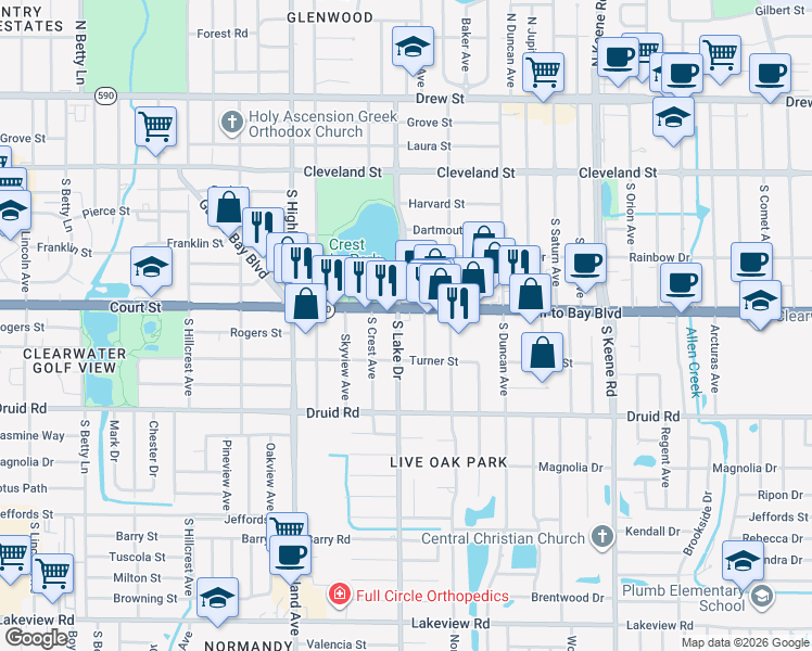 map of restaurants, bars, coffee shops, grocery stores, and more near 512 South Lake Drive in Clearwater