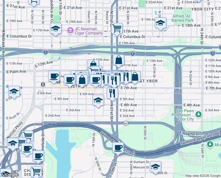map of restaurants, bars, coffee shops, grocery stores, and more near 2025 East 7th Avenue in Tampa