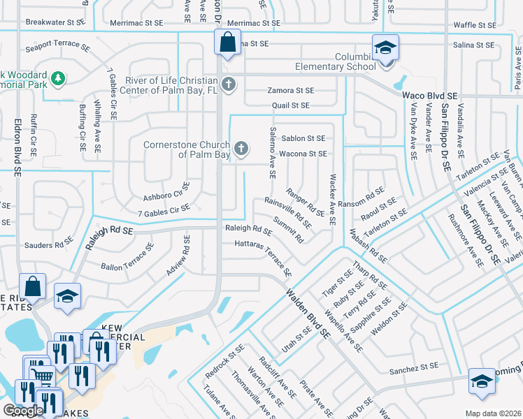 map of restaurants, bars, coffee shops, grocery stores, and more near 1519 Summit Road in Palm Bay