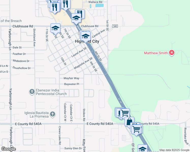 map of restaurants, bars, coffee shops, grocery stores, and more near 4137 Hancock Avenue Southeast in Lakeland