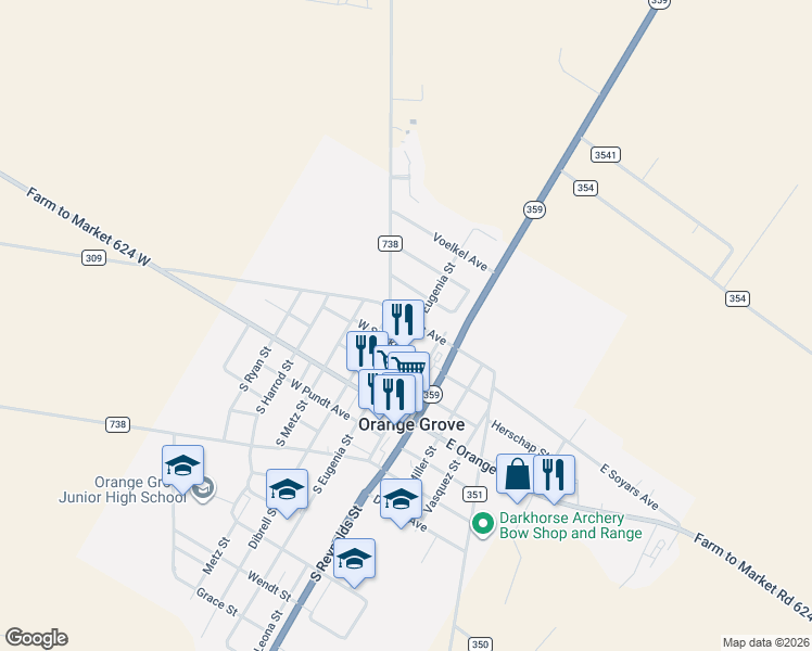 map of restaurants, bars, coffee shops, grocery stores, and more near 311 North Eugenia Street in Orange Grove