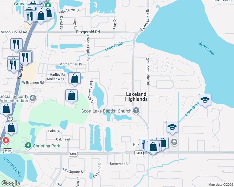 map of restaurants, bars, coffee shops, grocery stores, and more near 744 Scott Lake Village South in Lakeland