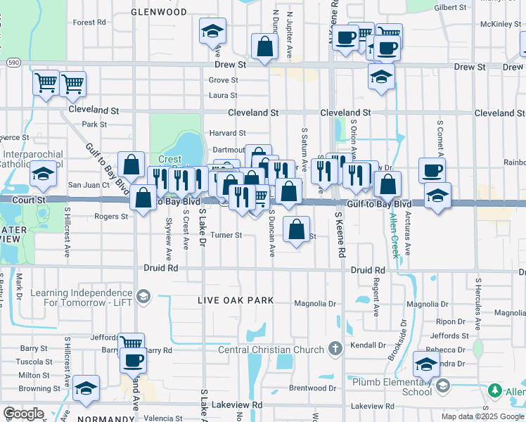 map of restaurants, bars, coffee shops, grocery stores, and more near 2525 Florida 60 in Clearwater