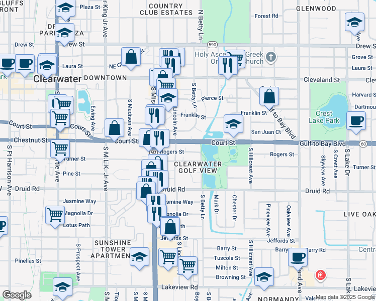 map of restaurants, bars, coffee shops, grocery stores, and more near 1248 Rogers Street in Clearwater