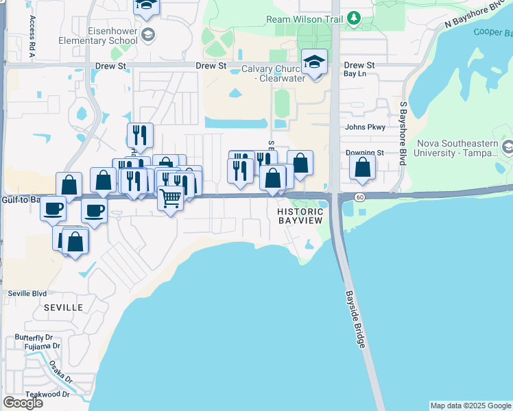 map of restaurants, bars, coffee shops, grocery stores, and more near 2975 Gulf to Bay Boulevard in Clearwater