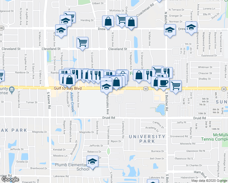 map of restaurants, bars, coffee shops, grocery stores, and more near 2015 Gulf to Bay Boulevard in Clearwater