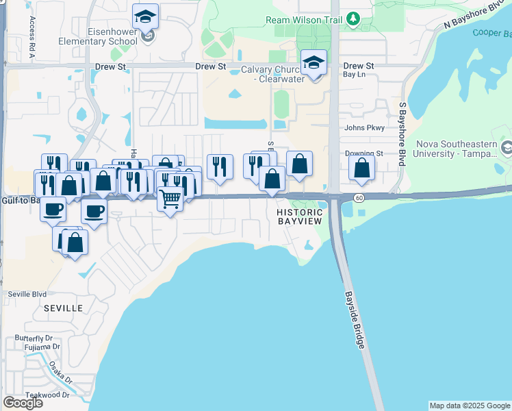 map of restaurants, bars, coffee shops, grocery stores, and more near 2975 Gulf to Bay Boulevard in Clearwater