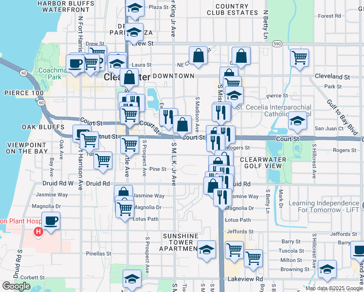 map of restaurants, bars, coffee shops, grocery stores, and more near 509 South Martin Luther King Junior Avenue in Clearwater