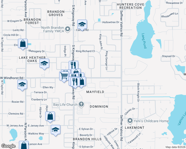 map of restaurants, bars, coffee shops, grocery stores, and more near 1302 Chilt Drive in Brandon