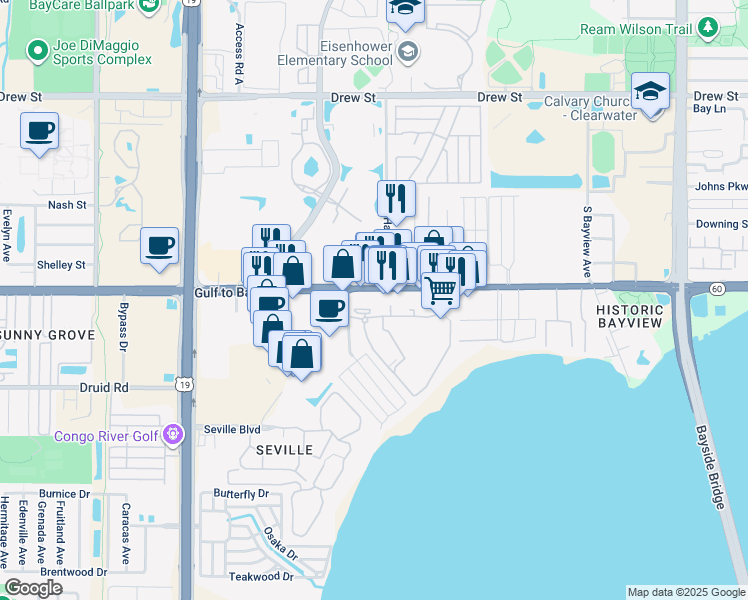 map of restaurants, bars, coffee shops, grocery stores, and more near 2781 Gulf to Bay Boulevard in Clearwater