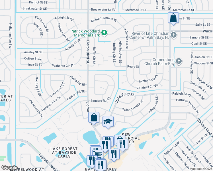 map of restaurants, bars, coffee shops, grocery stores, and more near 590 Londonderry Circle Southeast in Palm Bay
