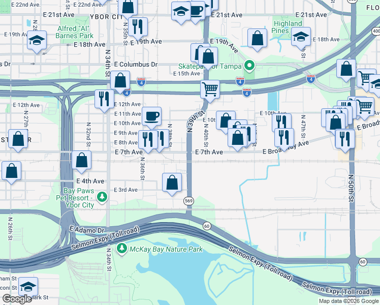 map of restaurants, bars, coffee shops, grocery stores, and more near North 39th Street & East 7th Avenue in Tampa