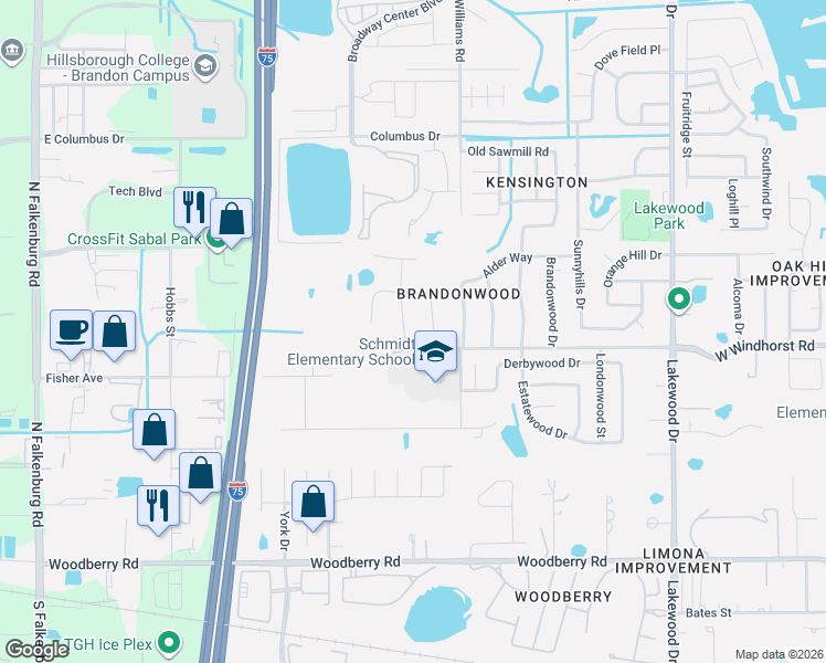map of restaurants, bars, coffee shops, grocery stores, and more near 1302 Rustlewood Drive in Brandon
