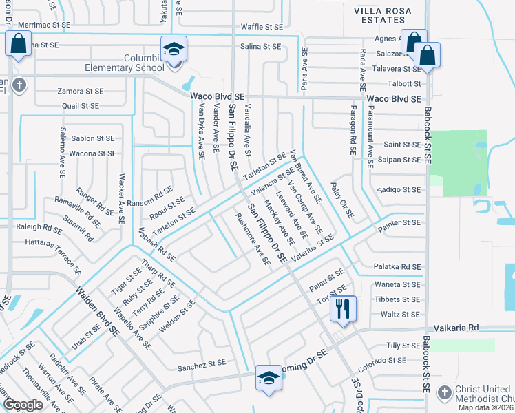 map of restaurants, bars, coffee shops, grocery stores, and more near 1450 Mackay Avenue Southeast in Palm Bay