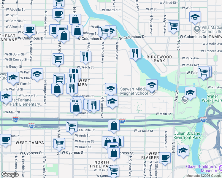 map of restaurants, bars, coffee shops, grocery stores, and more near 1710 B West Walnut Street in Tampa