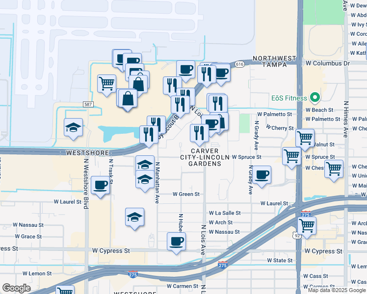map of restaurants, bars, coffee shops, grocery stores, and more near 4221 West Spruce Street in Tampa