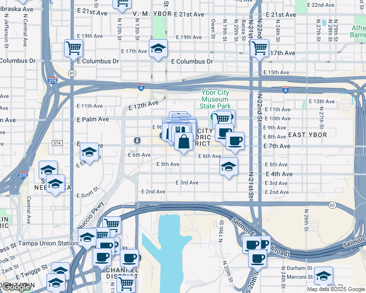 map of restaurants, bars, coffee shops, grocery stores, and more near 1603 East 7th Avenue in Tampa