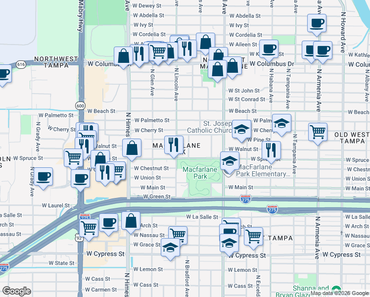 map of restaurants, bars, coffee shops, grocery stores, and more near in Tampa