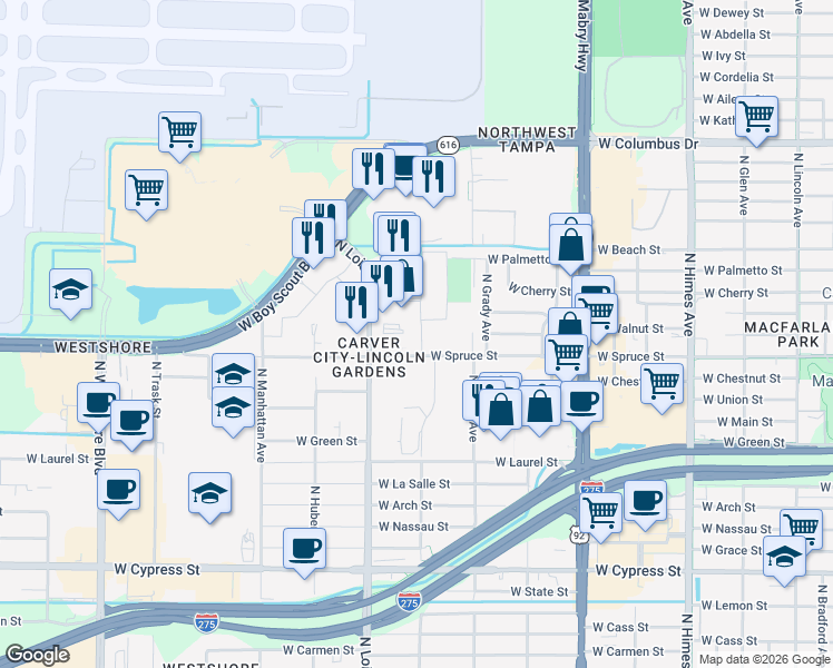 map of restaurants, bars, coffee shops, grocery stores, and more near 4107 North Lemans Boulevard in Tampa