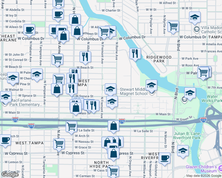map of restaurants, bars, coffee shops, grocery stores, and more near 1710 B West Walnut Street in Tampa
