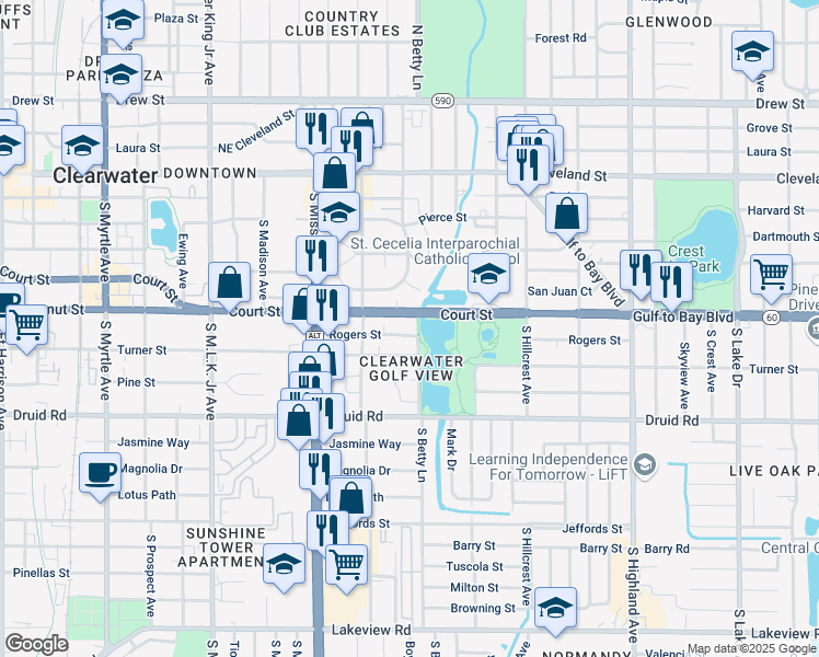 map of restaurants, bars, coffee shops, grocery stores, and more near 514 South Betty Lane in Clearwater