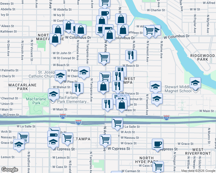map of restaurants, bars, coffee shops, grocery stores, and more near 2012 North Armenia Avenue in Tampa